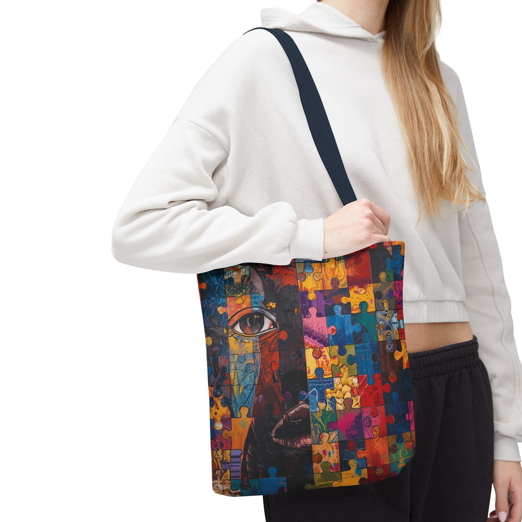 Colorful Puzzle Face Tote Bag — Abstract Art All-Over Print