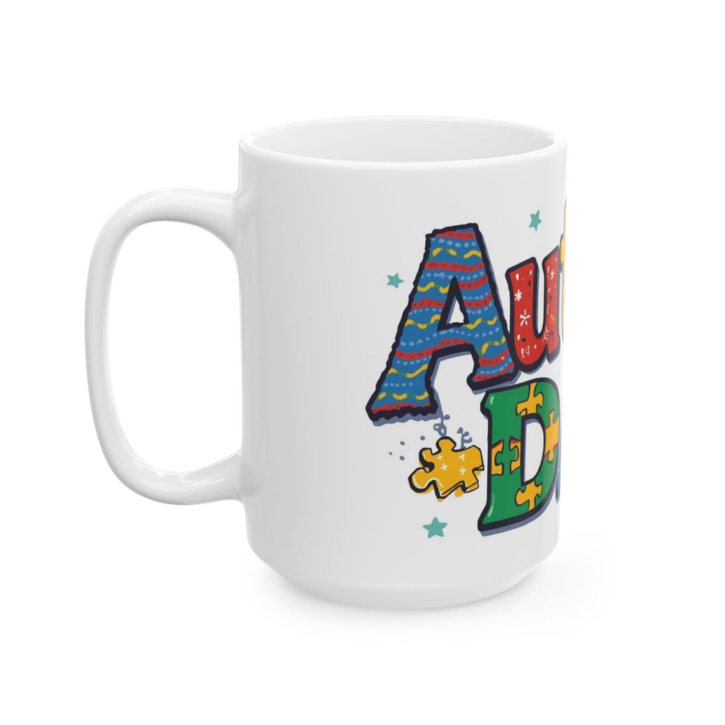 Autism Dad Ceramic Mug — Colorful Puzzle Piece Support Coffee Cup (11oz/15oz)