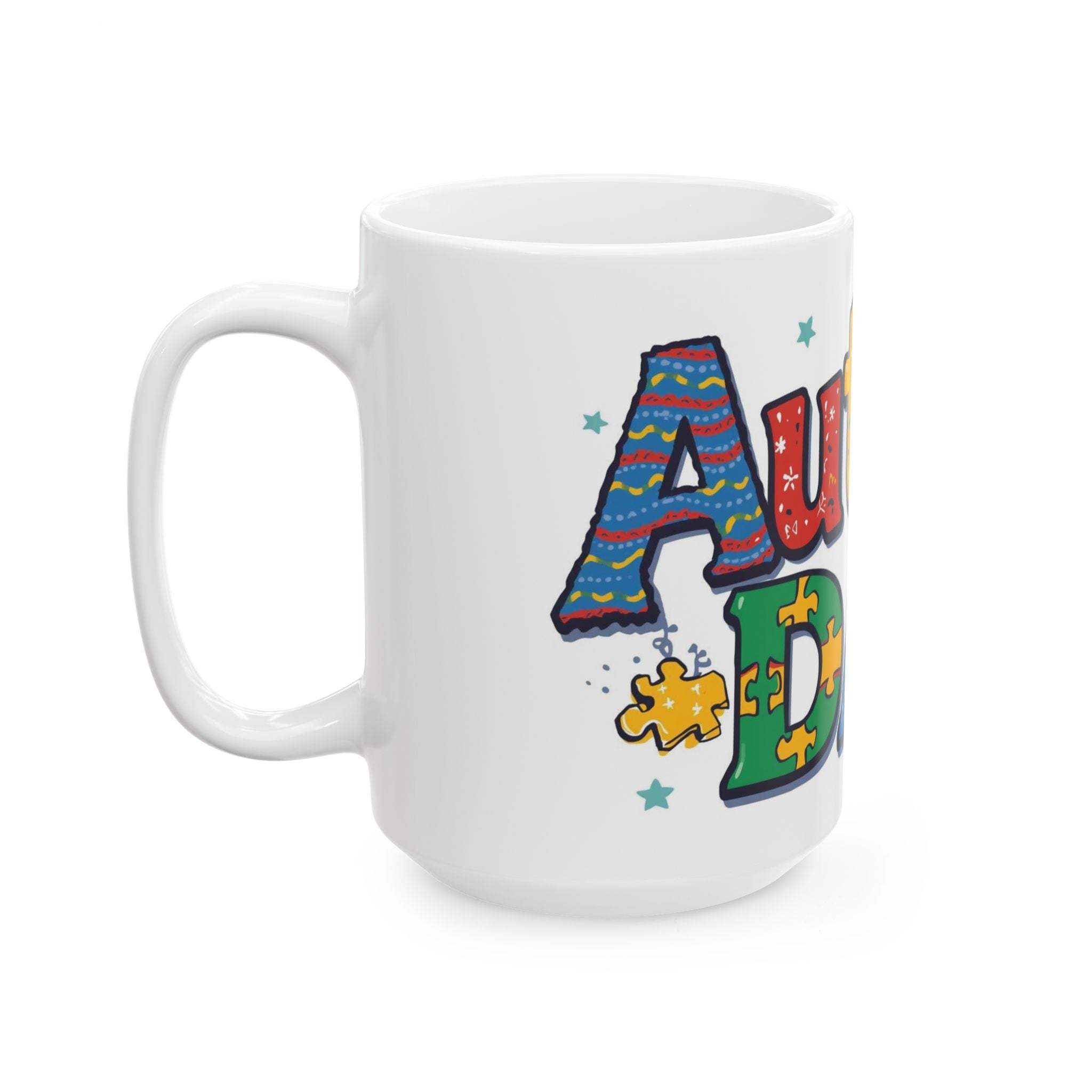 Autism Dad Ceramic Mug — Colorful Puzzle Piece Support Coffee Cup (11oz/15oz)