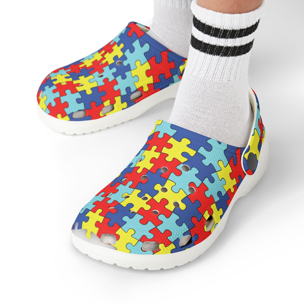 Kids Puzzle Print Foam Clogs — Colorful Autism Awareness Slip-Ons