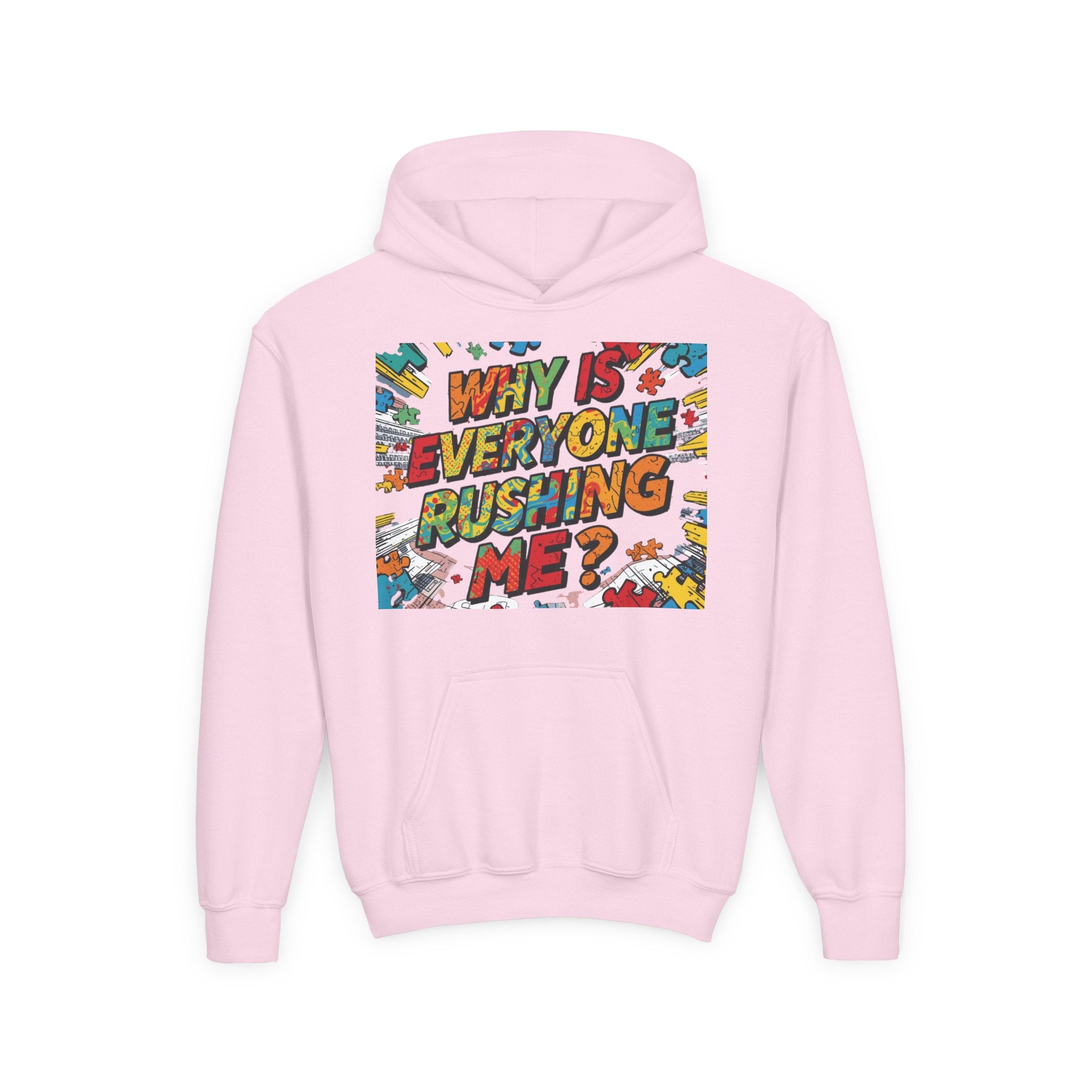 Youth Hoodie — "Why Is Everyone Rushing Me?" Colorful Comic Graphic