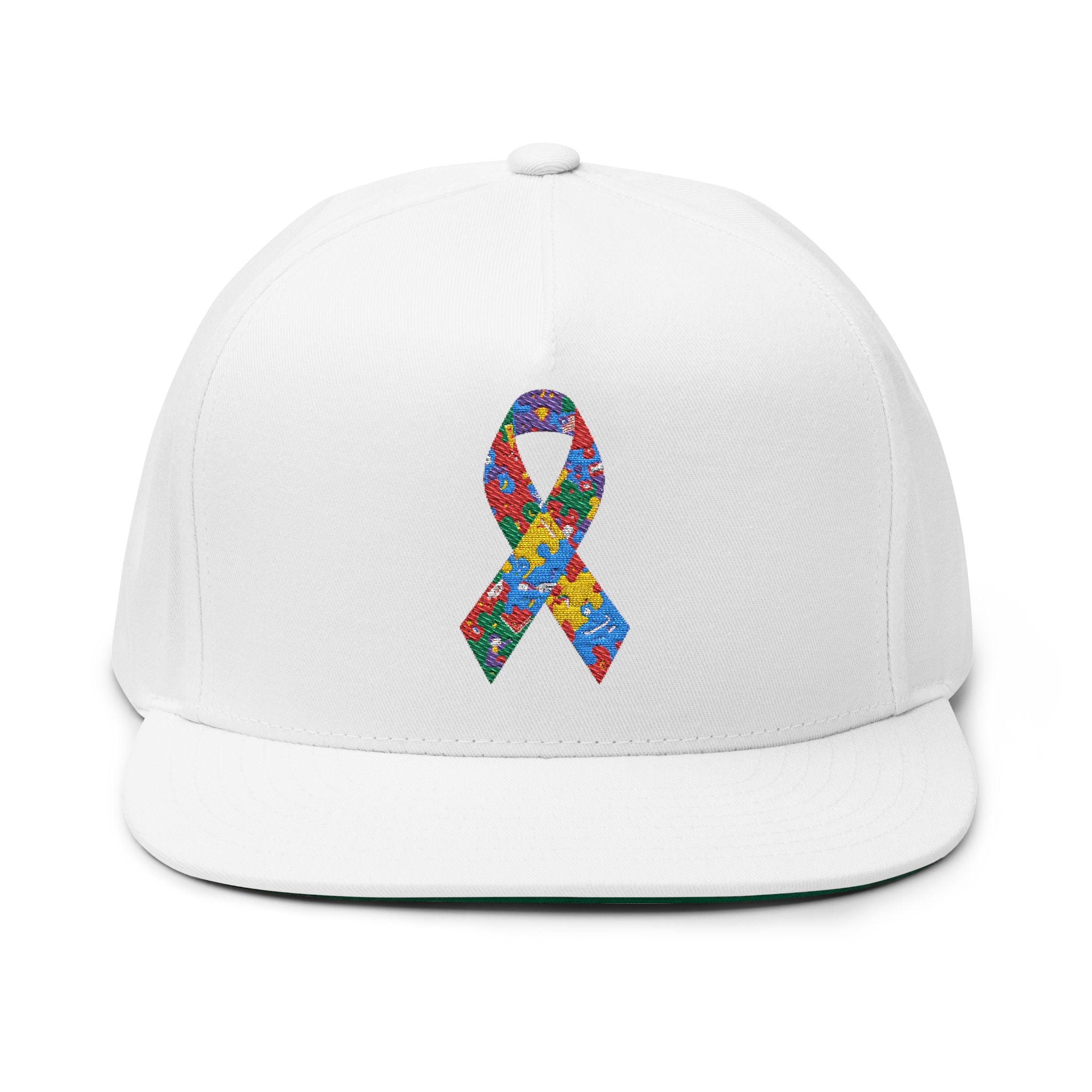 Embroidered Colorful Puzzle Ribbon Snapback Hat — Autism Awareness Flat Bill Cap