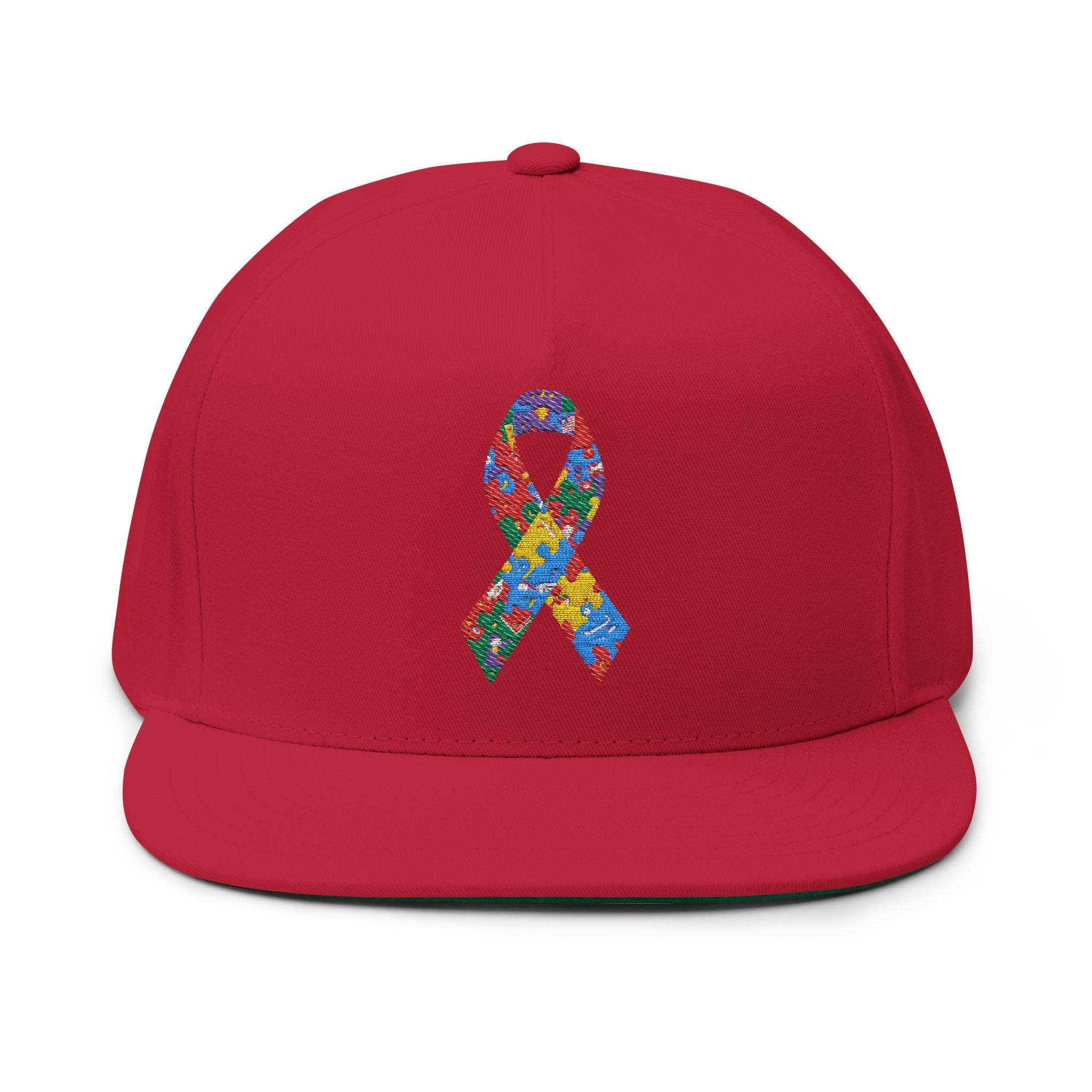 Embroidered Colorful Puzzle Ribbon Snapback Hat — Autism Awareness Flat Bill Cap