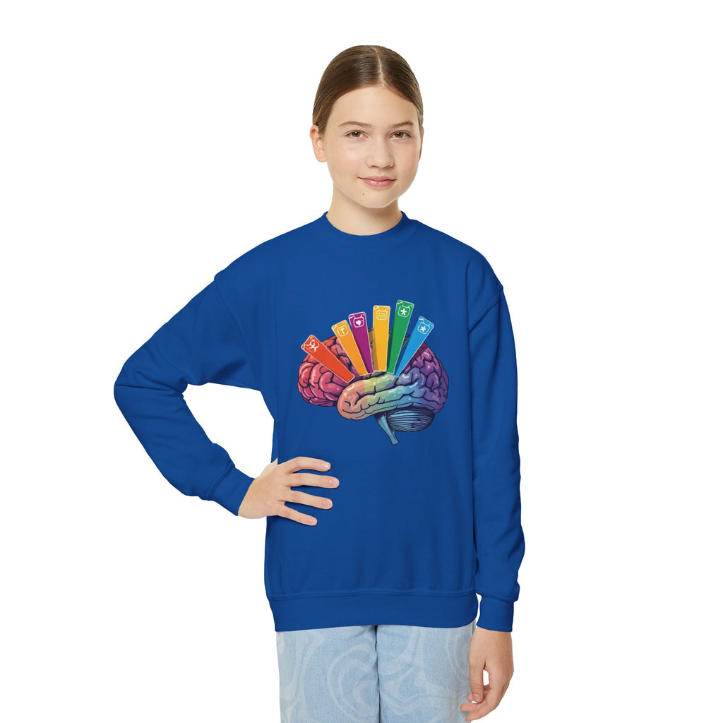 Youth Crewneck Sweatshirt — Autism Brain Graphic “Brain running on multiple open tabs”