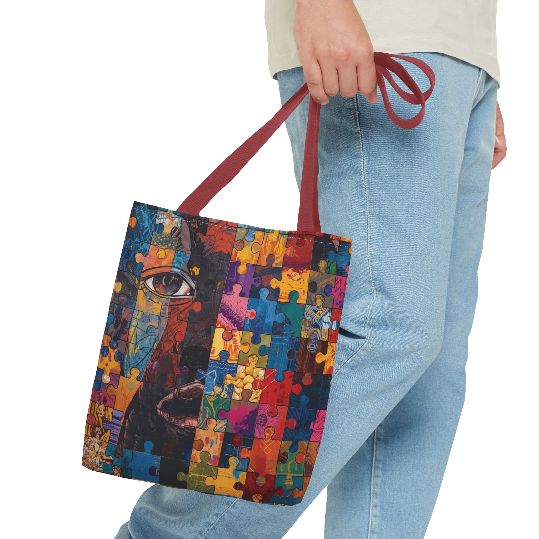 Colorful Puzzle Face Tote Bag — Abstract Art All-Over Print