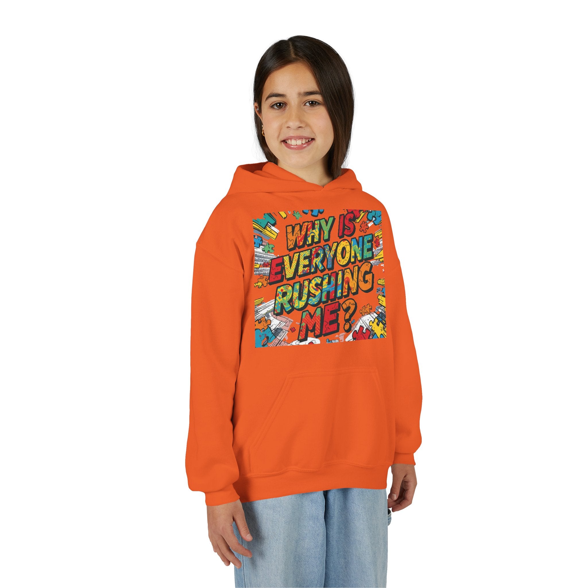 Youth Hoodie — "Why Is Everyone Rushing Me?" Colorful Comic Graphic