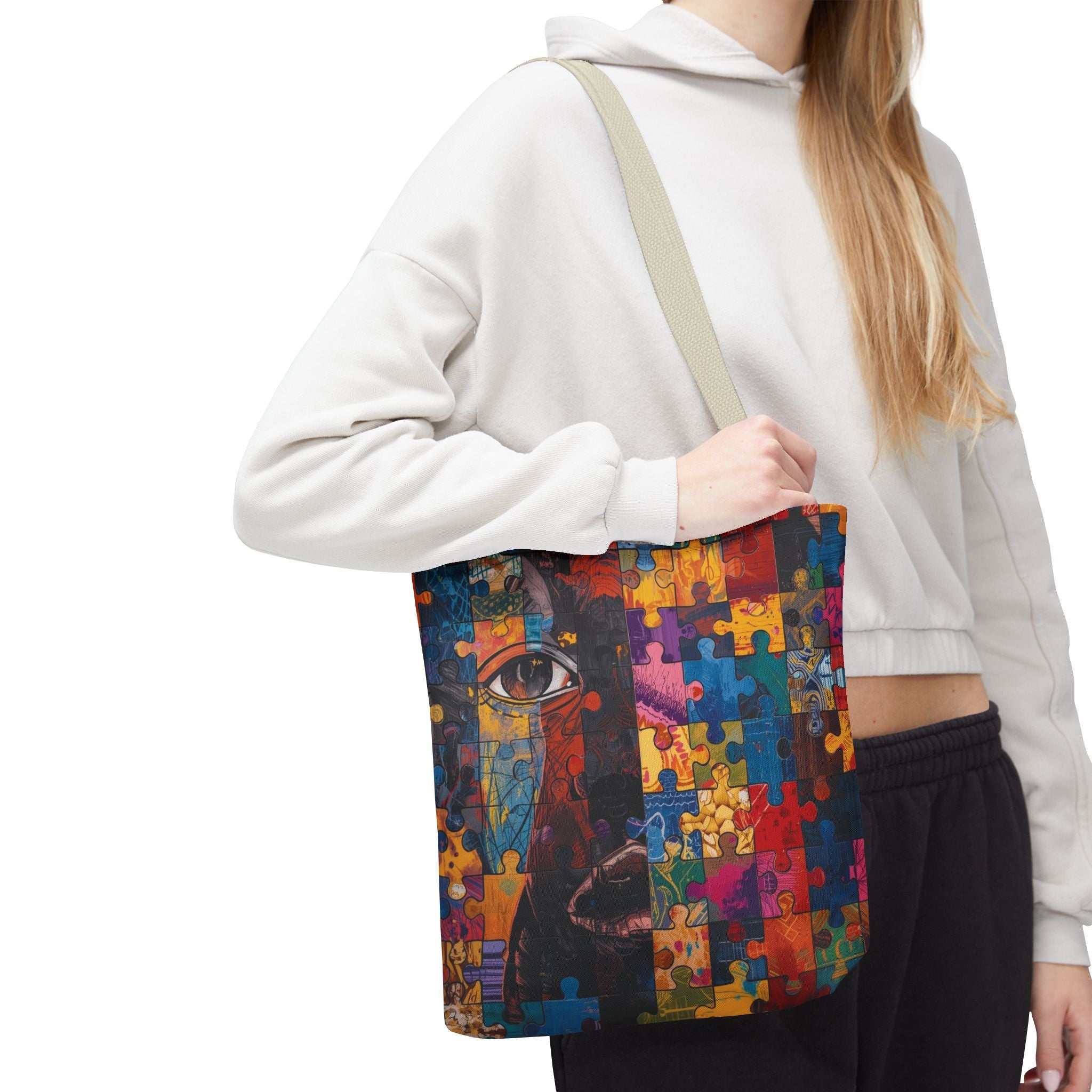 Colorful Puzzle Face Tote Bag — Abstract Art All-Over Print