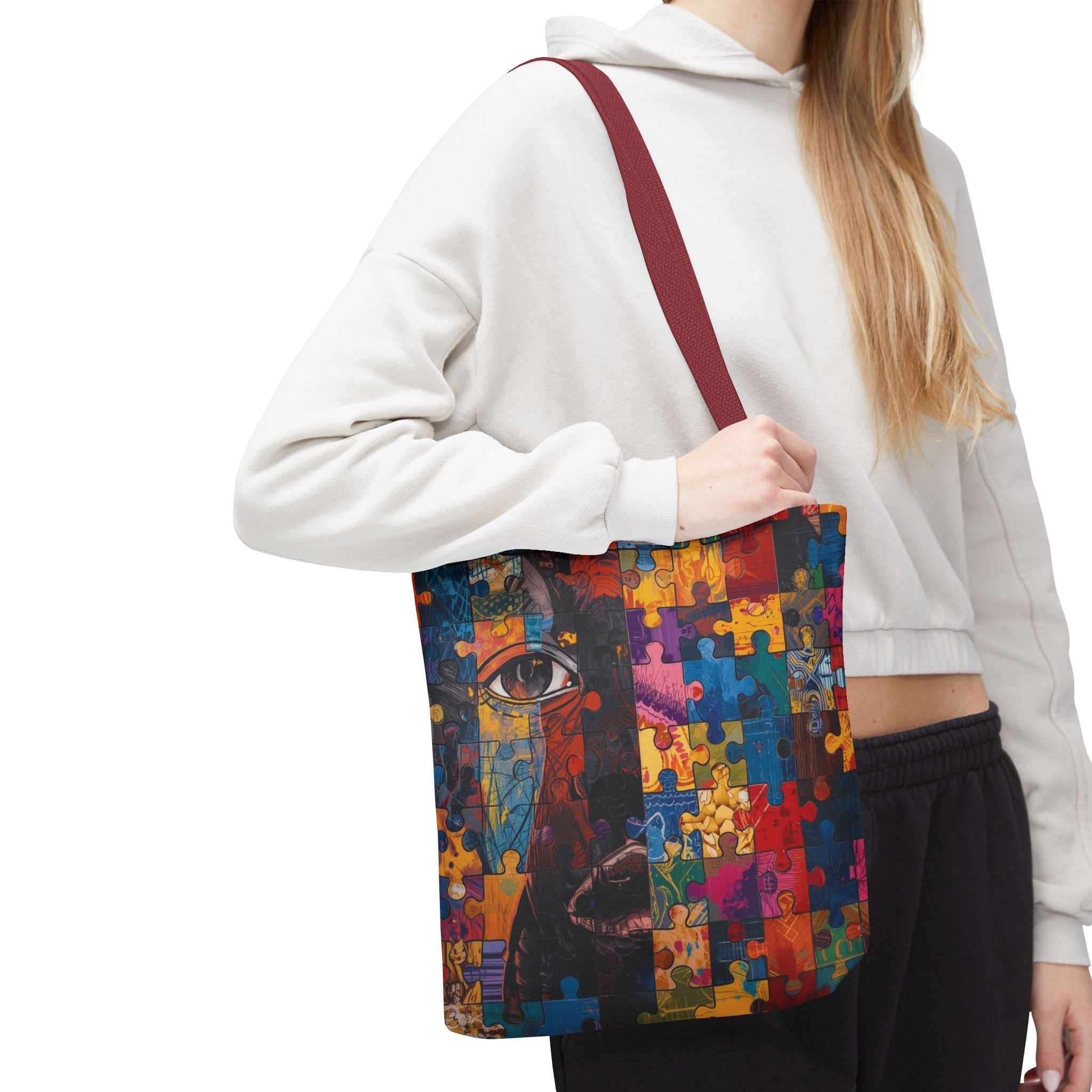 Colorful Puzzle Face Tote Bag — Abstract Art All-Over Print