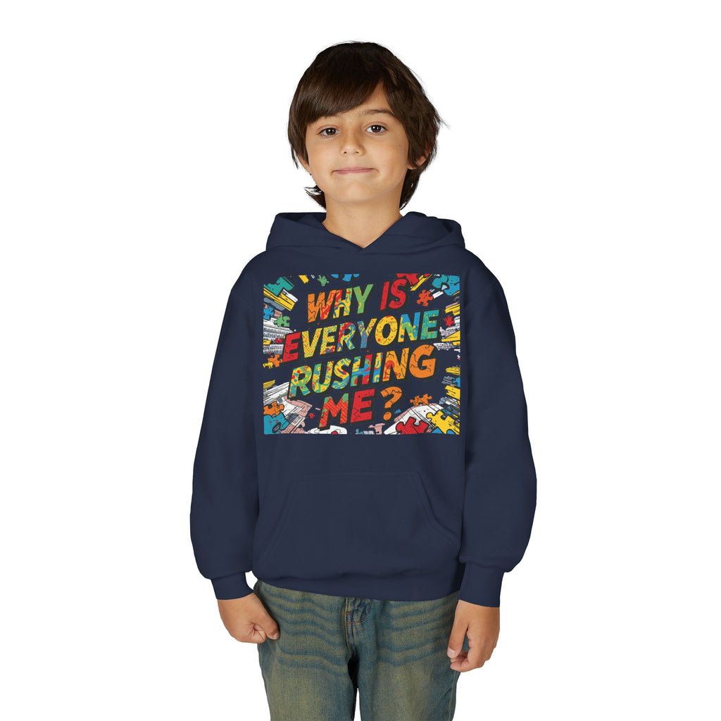 Youth Hoodie — "Why Is Everyone Rushing Me?" Colorful Comic Graphic