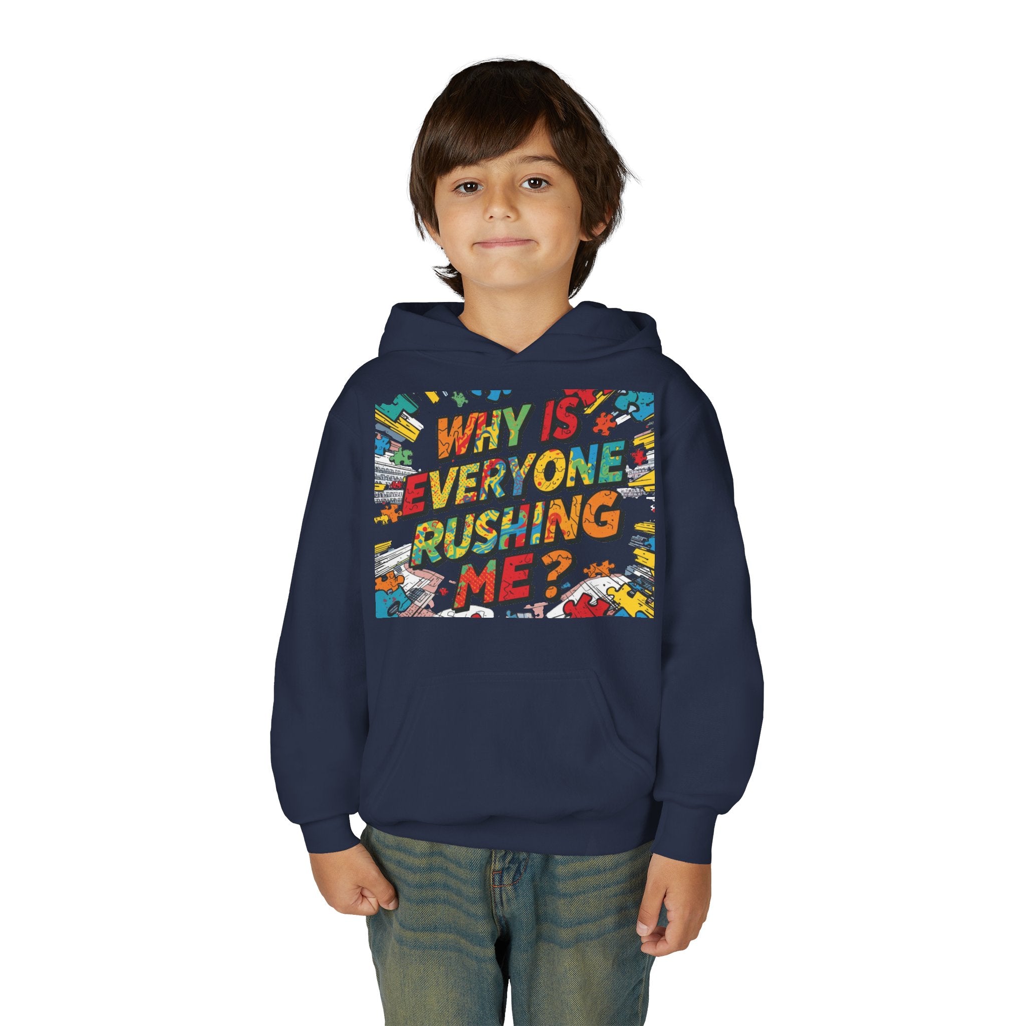 Youth Hoodie — "Why Is Everyone Rushing Me?" Colorful Comic Graphic