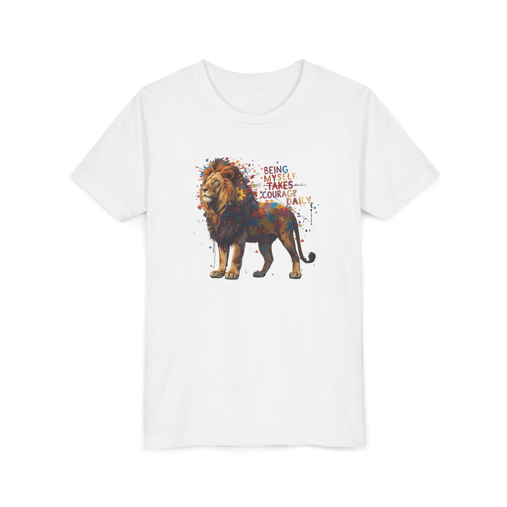 Youth Tee — Colorful Lion "Being Brave Takes Courage" Inspirational Kids Shirt