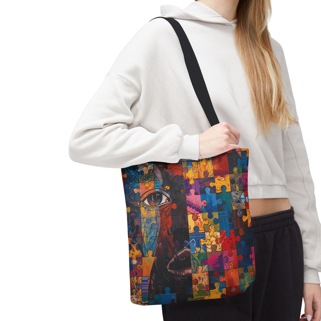 Colorful Puzzle Face Tote Bag — Abstract Art All-Over Print