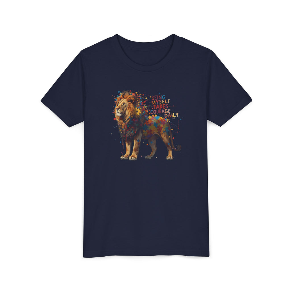 Youth Tee — Colorful Lion "Being Brave Takes Courage" Inspirational Kids Shirt