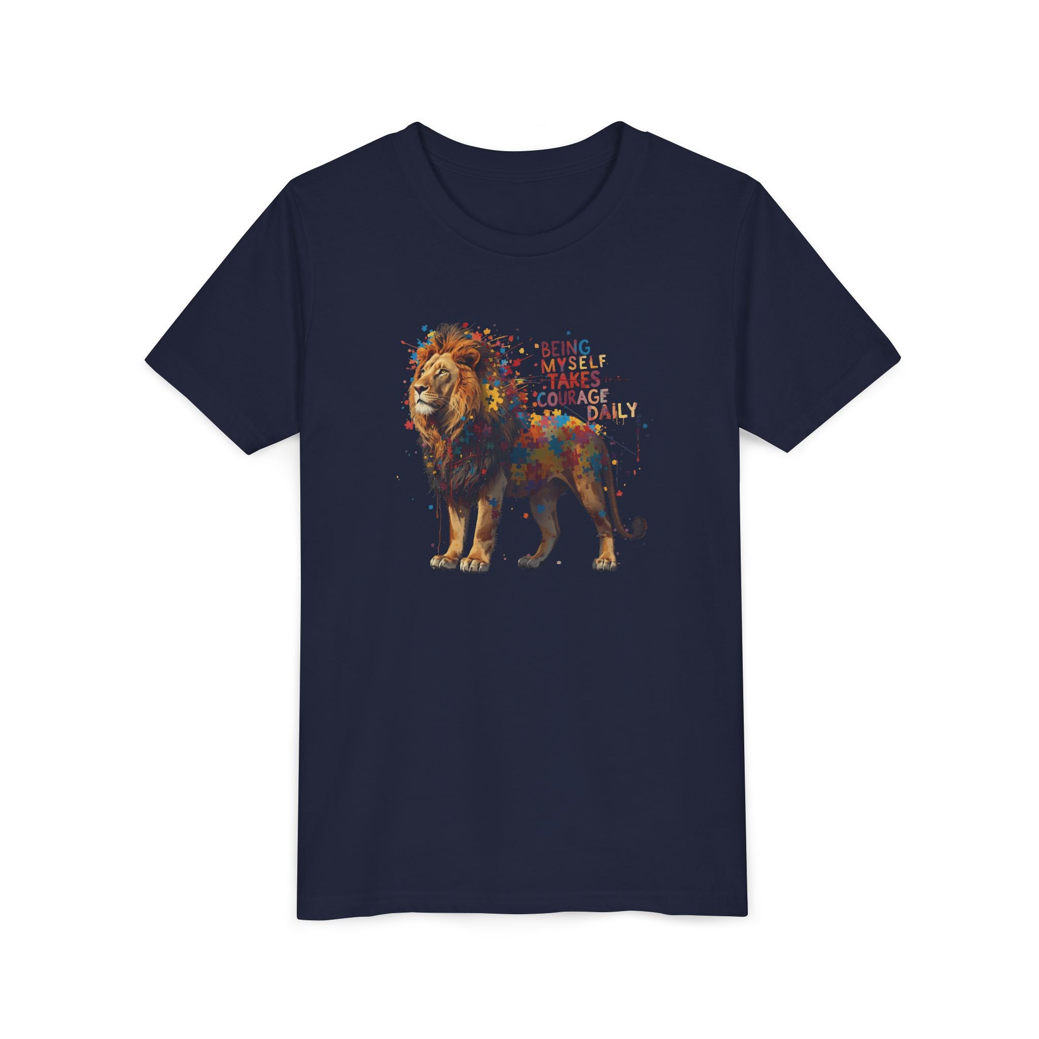 Youth Tee — Colorful Lion "Being Brave Takes Courage" Inspirational Kids Shirt