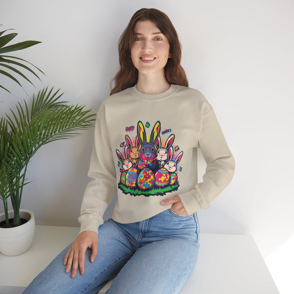 Easter Meets Autism Crewneck Sweatshirt — Colorful Bunnies & Painted Eggs Design