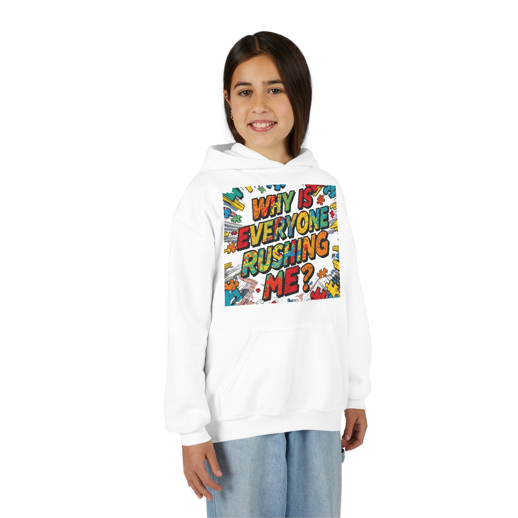 Youth Hoodie — "Why Is Everyone Rushing Me?" Colorful Comic Graphic