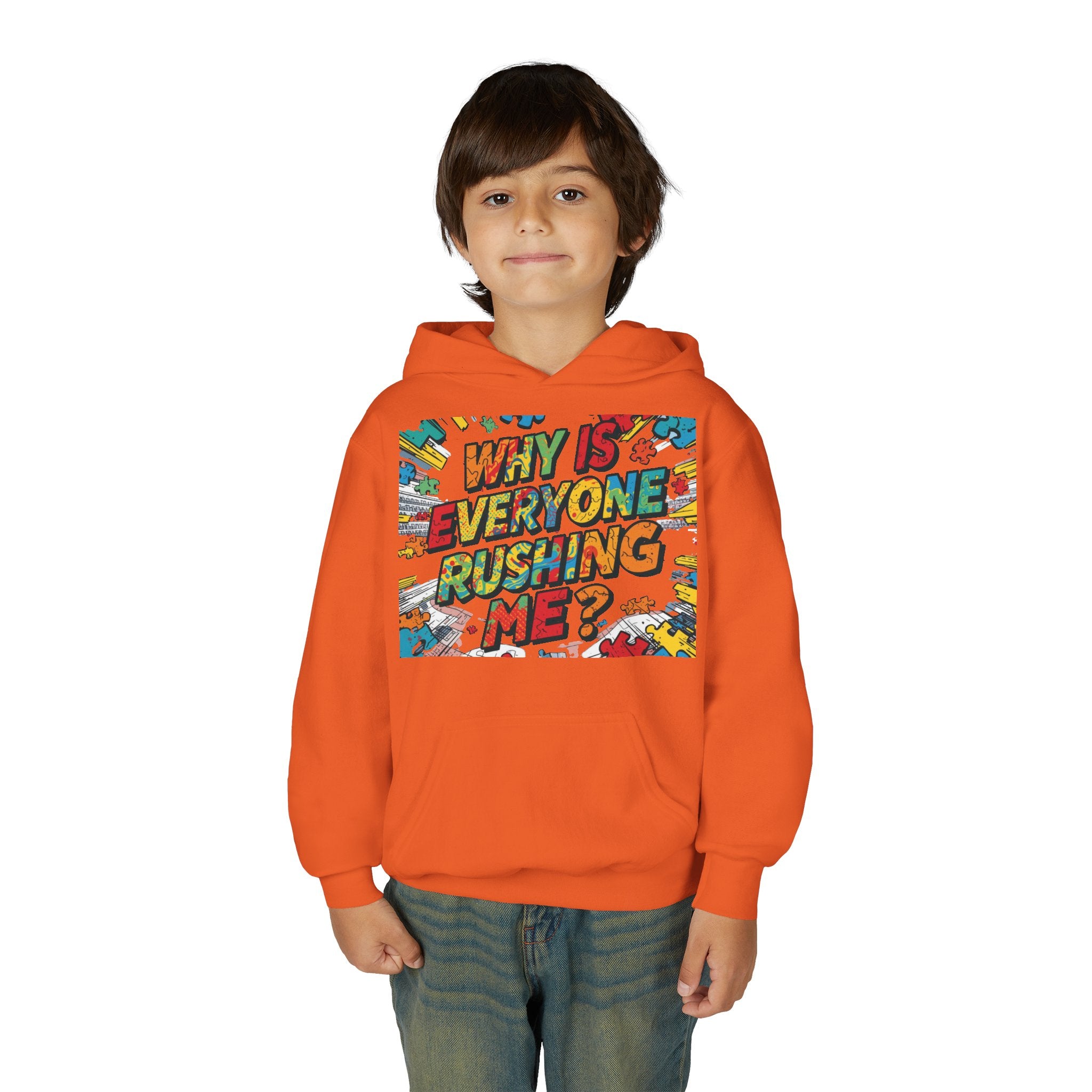 Youth Hoodie — "Why Is Everyone Rushing Me?" Colorful Comic Graphic