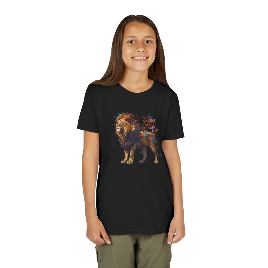 Youth Tee — Colorful Lion "Being Brave Takes Courage" Inspirational Kids Shirt