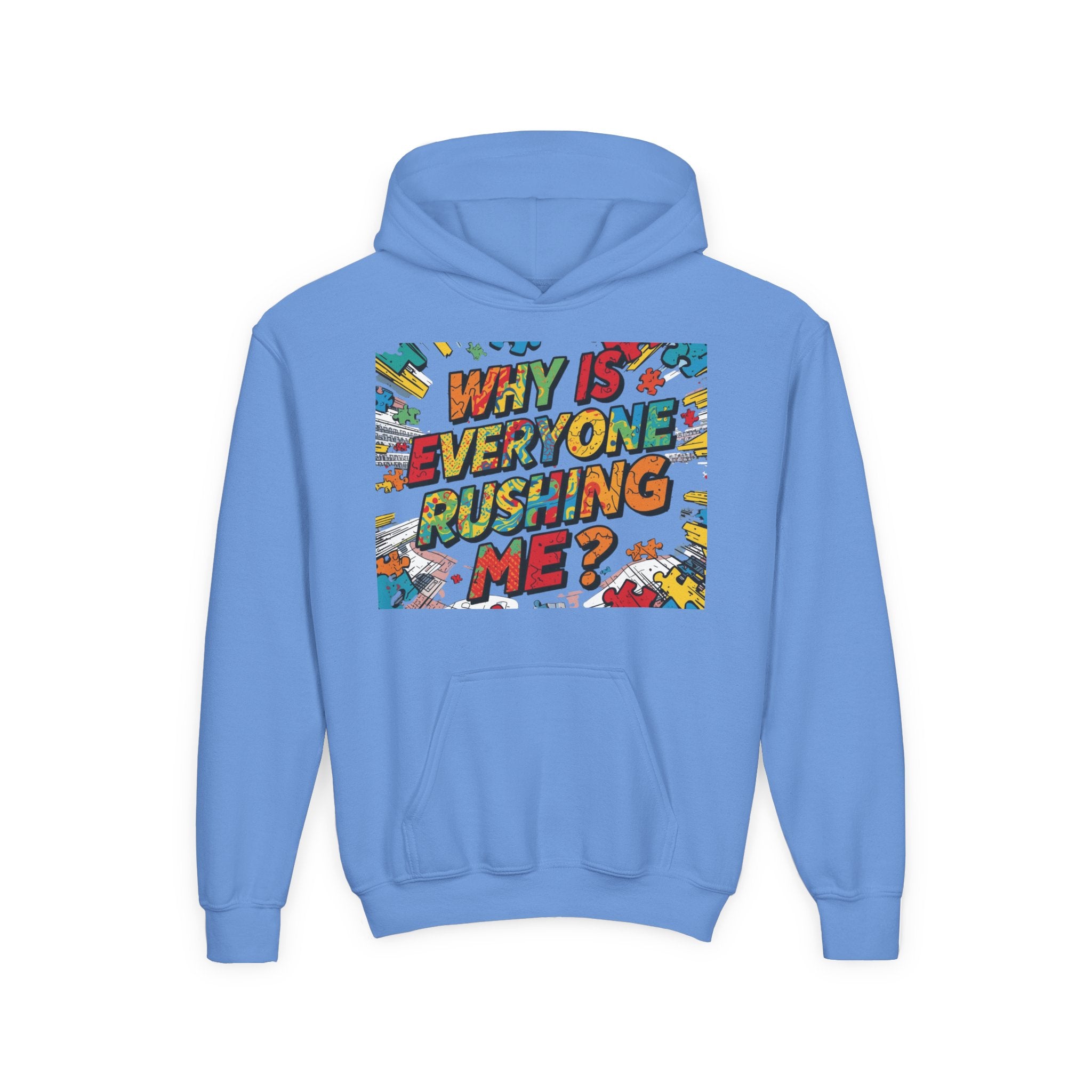 Youth Hoodie — "Why Is Everyone Rushing Me?" Colorful Comic Graphic
