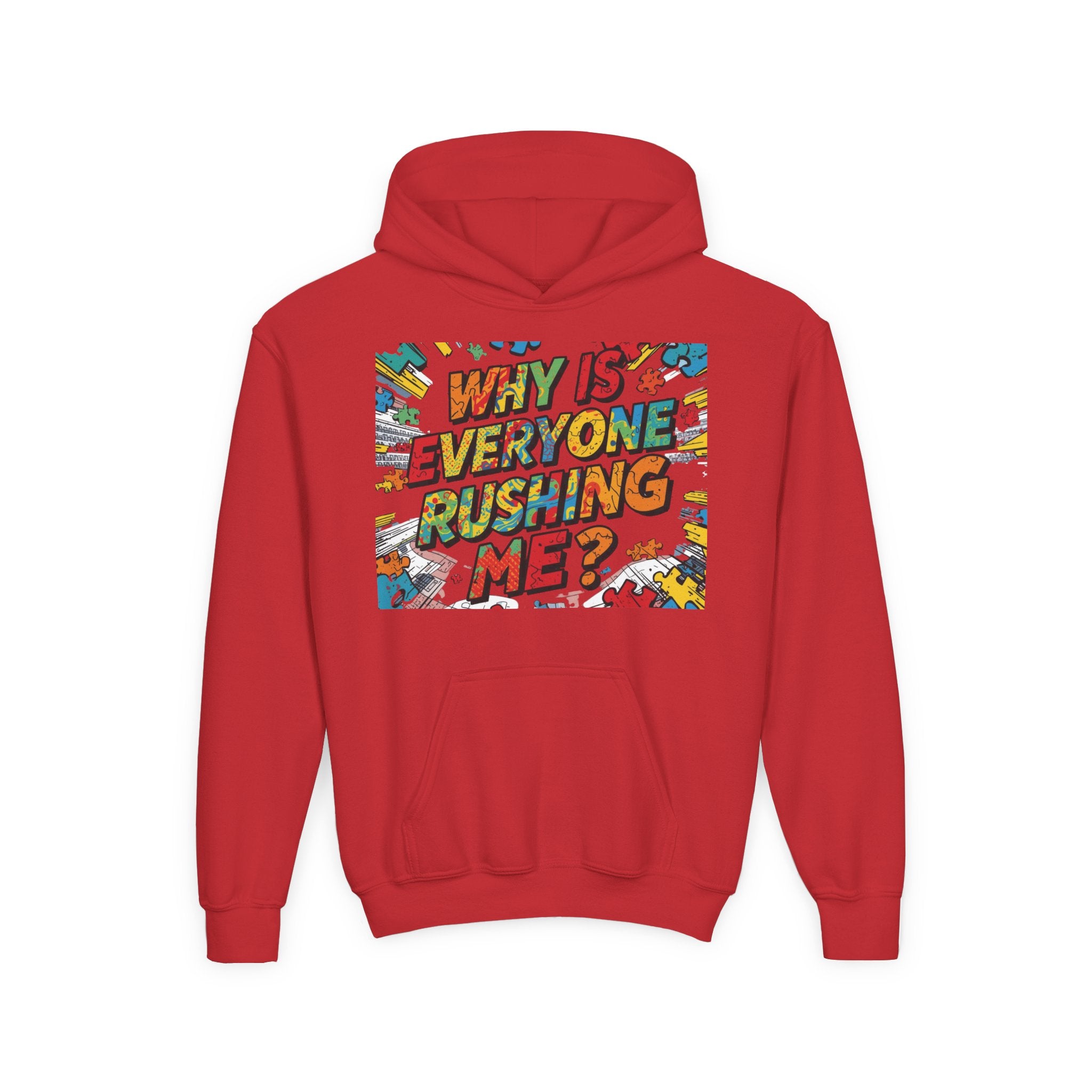 Youth Hoodie — "Why Is Everyone Rushing Me?" Colorful Comic Graphic