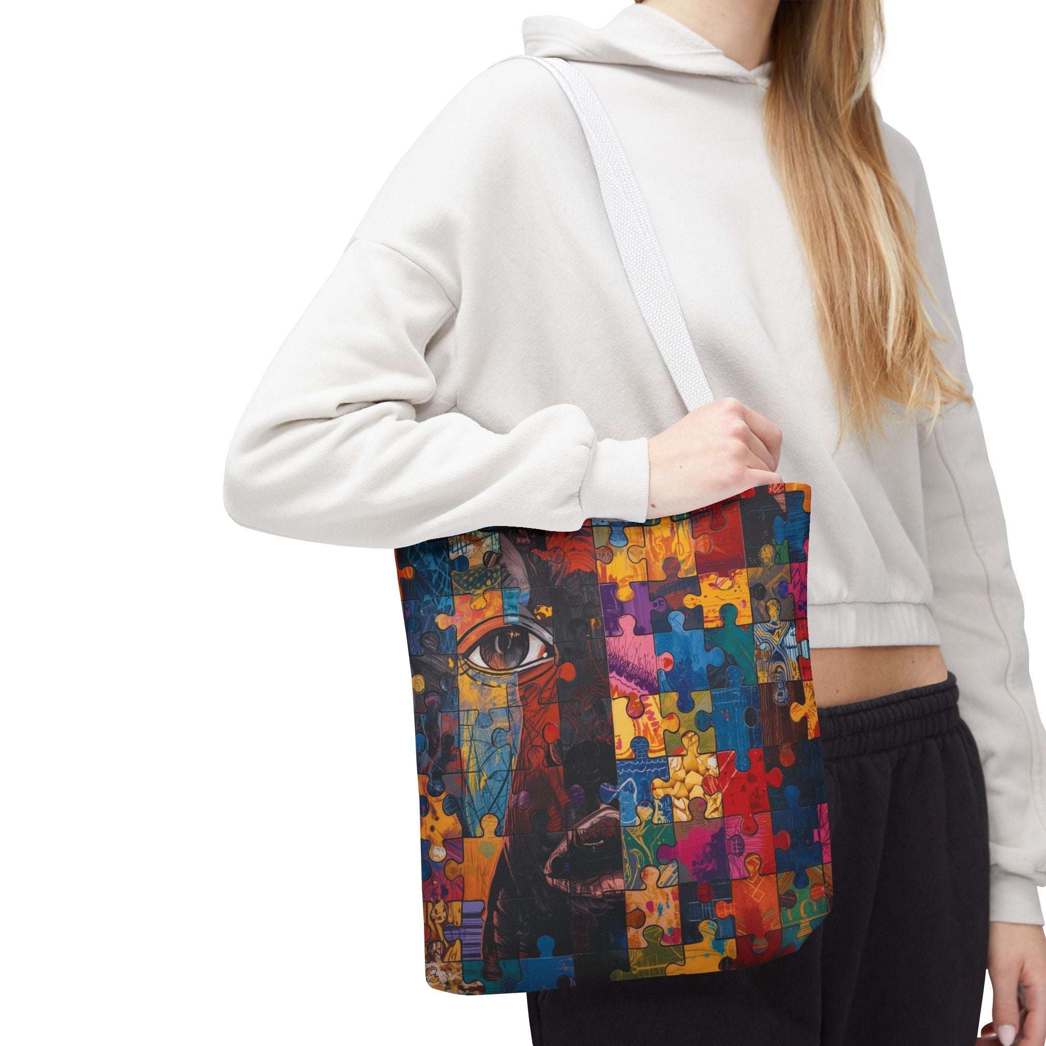 Colorful Puzzle Face Tote Bag — Abstract Art All-Over Print