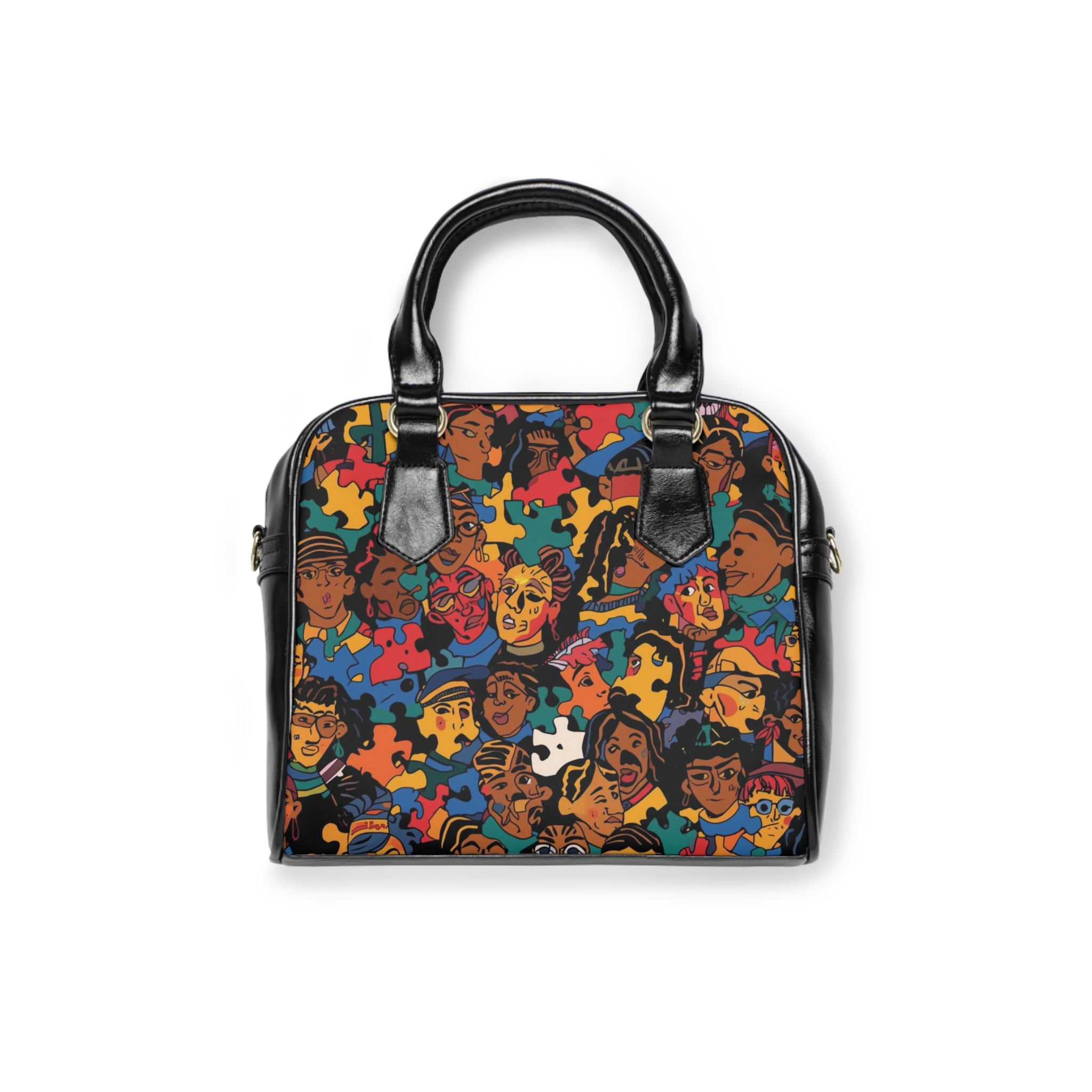 Shoulder Handbag — Colorful Faces & Puzzle Pattern Shoulder Handbag