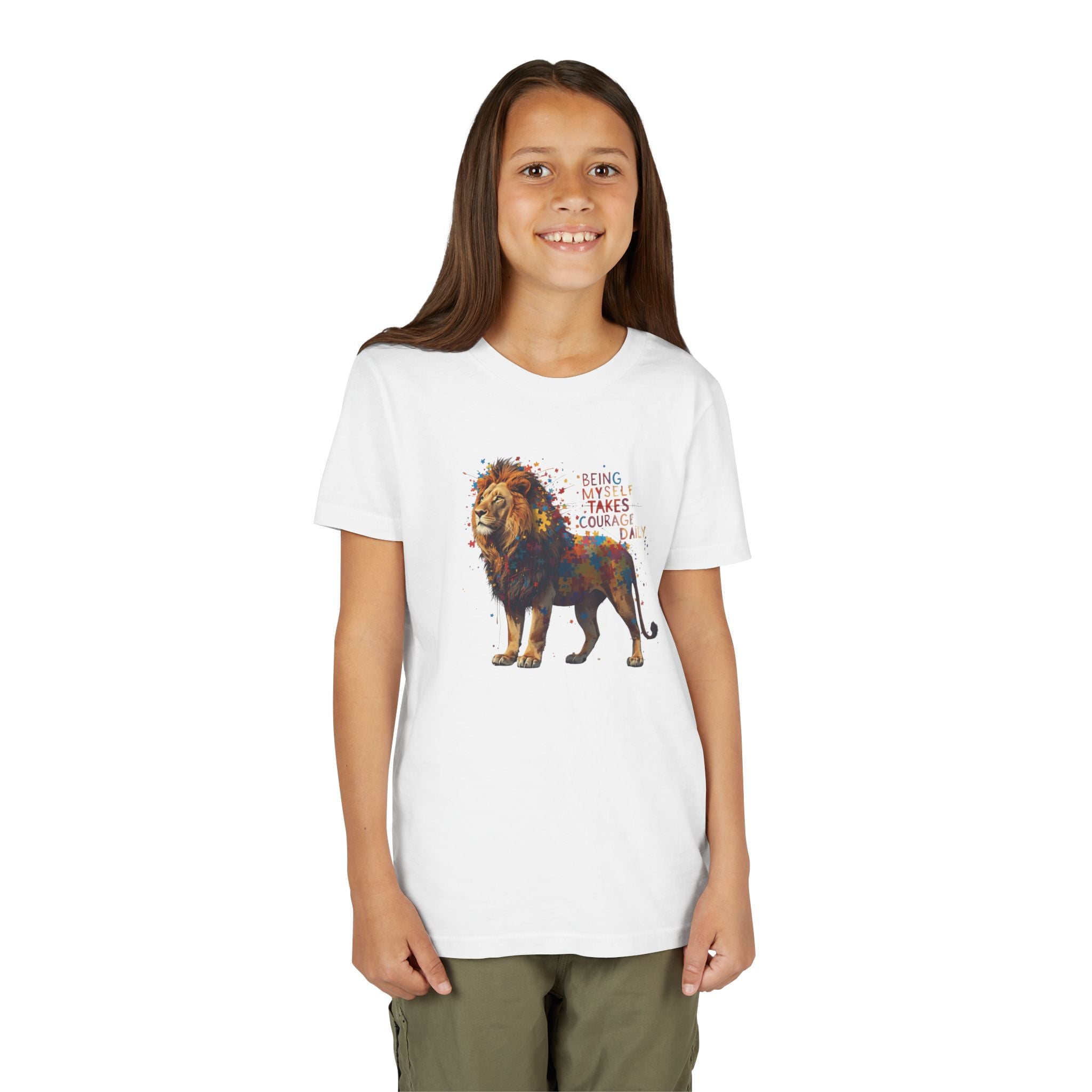 Youth Tee — Colorful Lion "Being Brave Takes Courage" Inspirational Kids Shirt