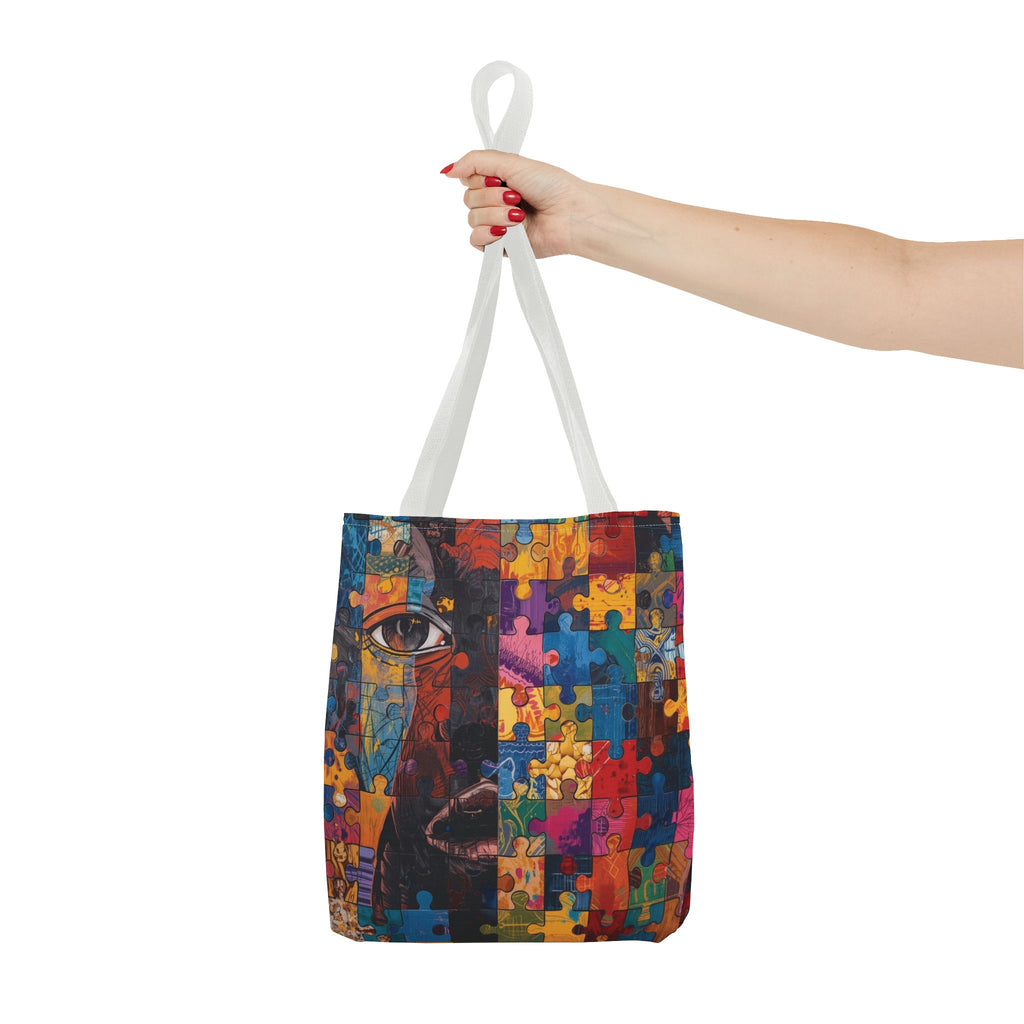 Colorful Puzzle Face Tote Bag — Abstract Art All-Over Print