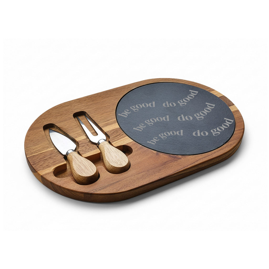 Engraved Charcuterie Board with Slate Round — "Be Good, Do Good"