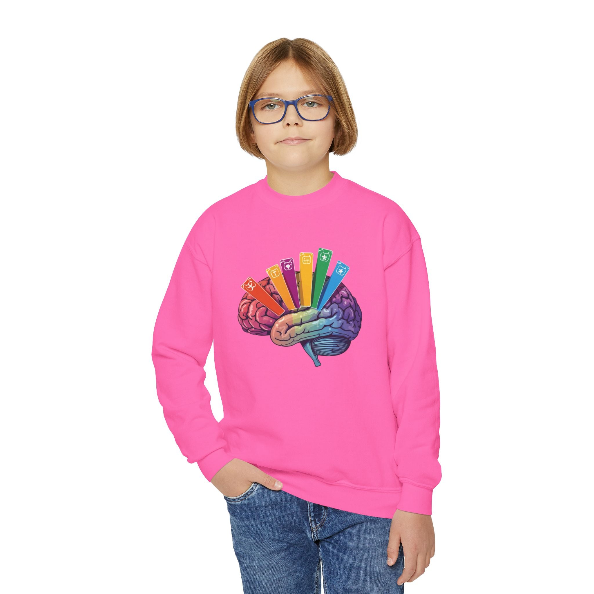 Youth Crewneck Sweatshirt — Autism Brain Graphic “Brain running on multiple open tabs”
