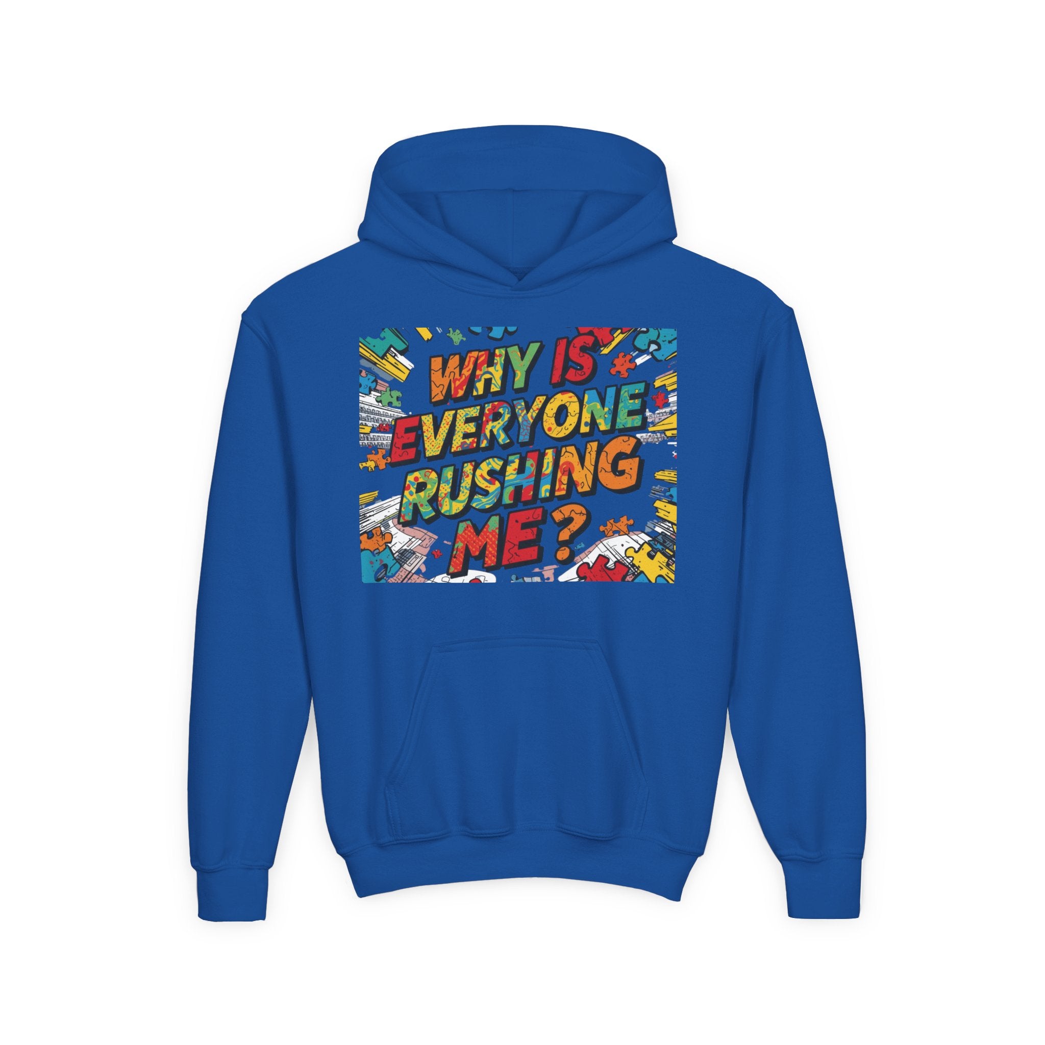 Youth Hoodie — "Why Is Everyone Rushing Me?" Colorful Comic Graphic
