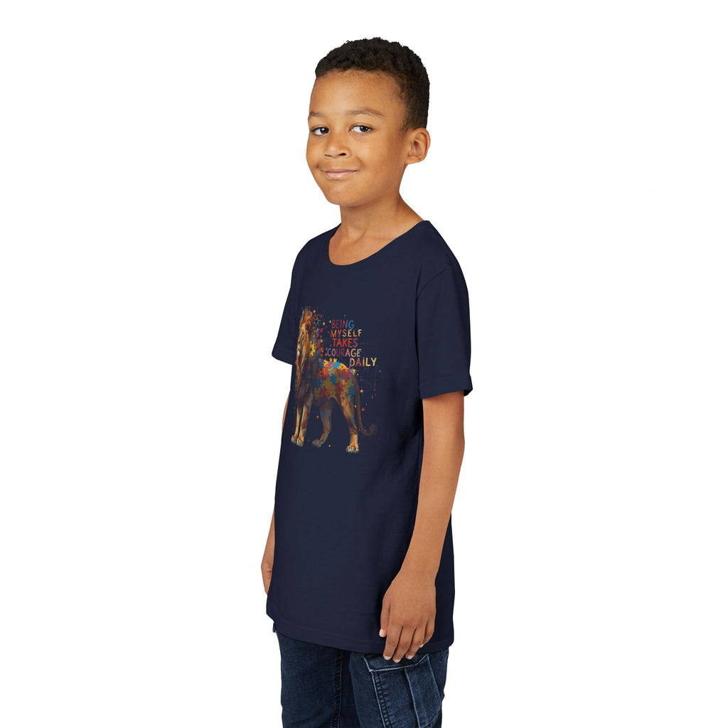 Youth Tee — Colorful Lion "Being Brave Takes Courage" Inspirational Kids Shirt