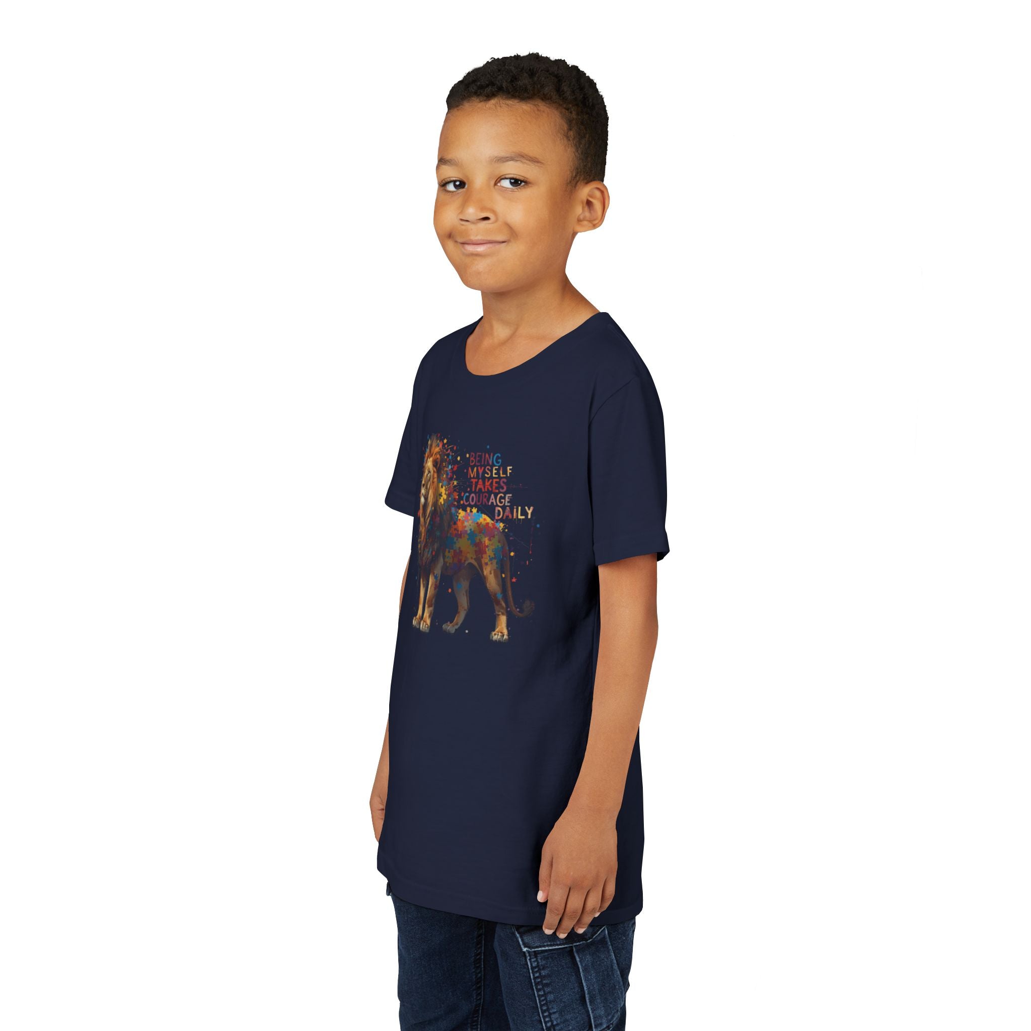 Youth Tee — Colorful Lion "Being Brave Takes Courage" Inspirational Kids Shirt